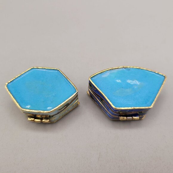 Vintage Cloisonné Enamel Trinket Pill Boxes Hexagon and Fan Shape Floral Set 2 - Picture 6 of 9